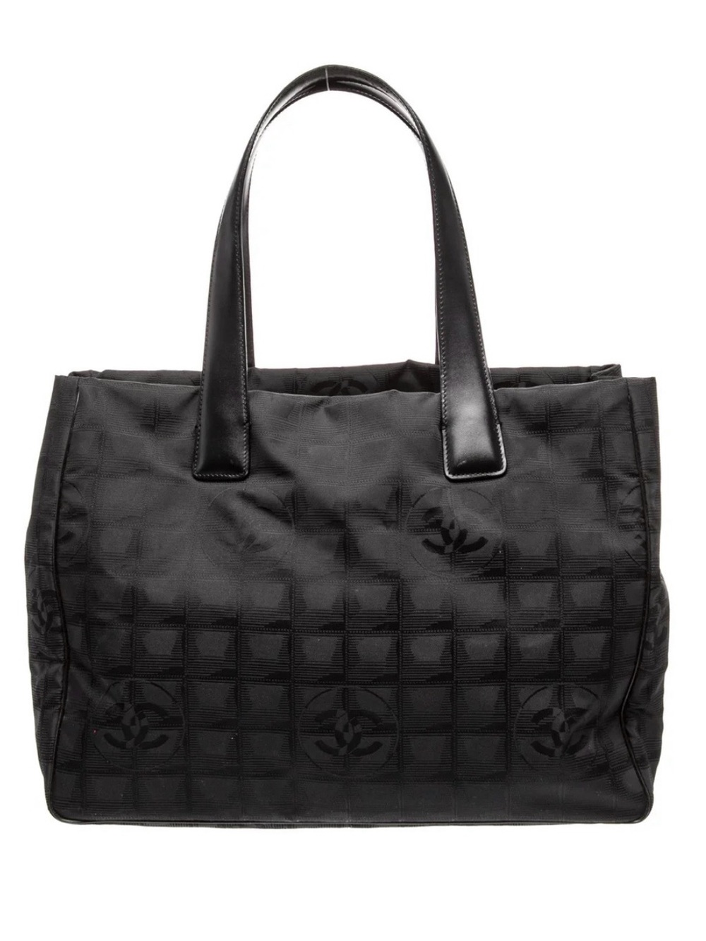 CHANEL Black Quilted Nylon Logo Tote Leather Top Handle Handbag